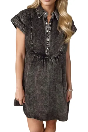 TEEK - Black Half Snap Cap Sleeve Denim Dress