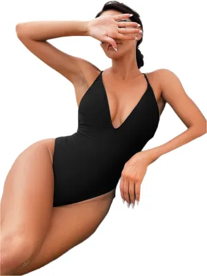 TEEK - Black Plunge Spaghetti Strap One-Piece Swimwear