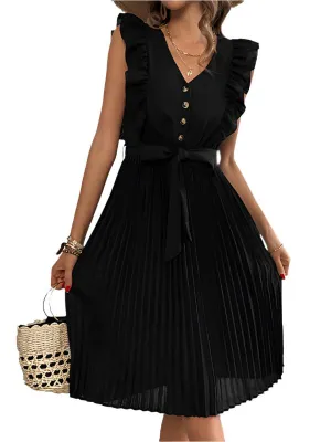 TEEK - Black Ruffle Summer Pleated Sleeveless Dress