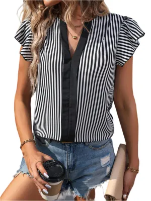 TEEK - Black Ruffled Striped Notched Cap Sleeve Blouse