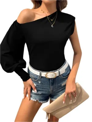 TEEK - Black Slim-Fit Solid Color One-Shoulder Top