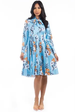 TEEK - BLUE FLORAL NECK TIE PLEATED DRESS