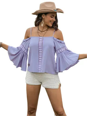 TEEK - Blue Purple Square Neck Flare Sleeve Blouse