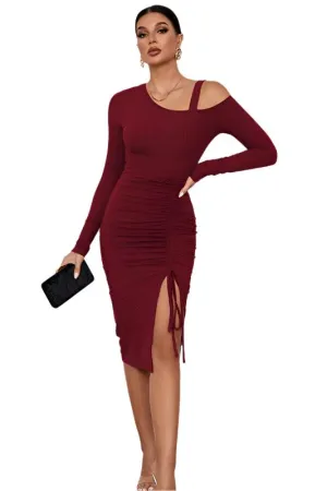 TEEK - BURGUNDY ONE-SHOULDER DRAWSTRING SLIT DRESS