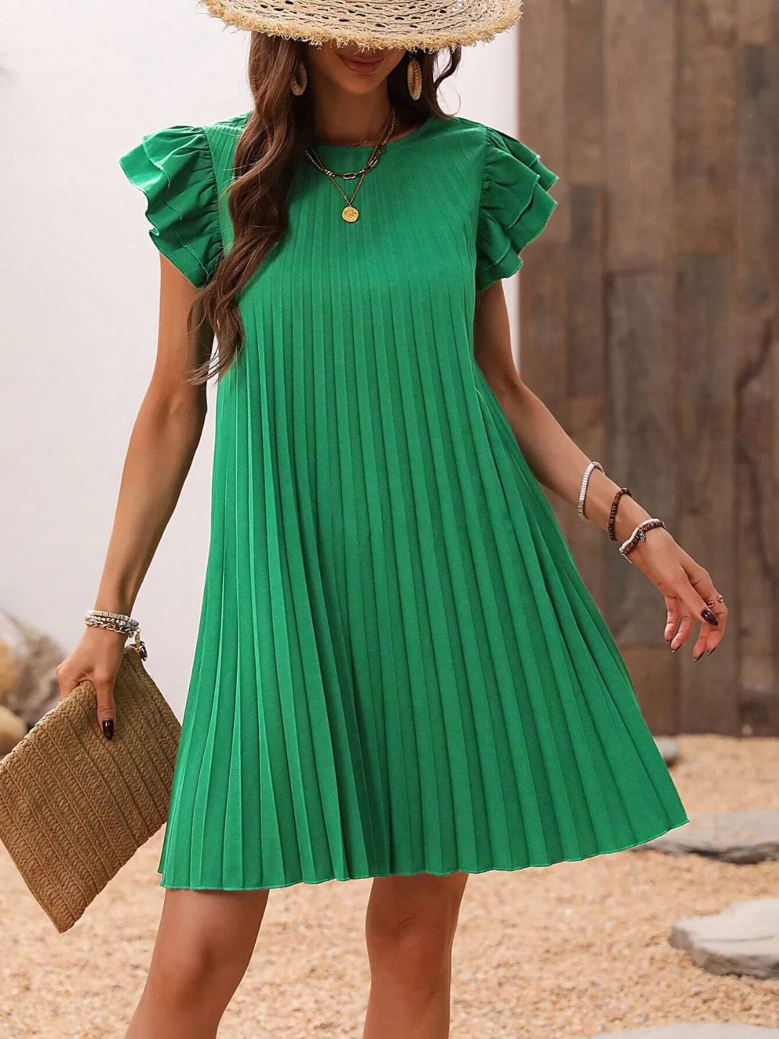 TEEK - Dark Green Pleated Round Neck Cap Sleeve Dress