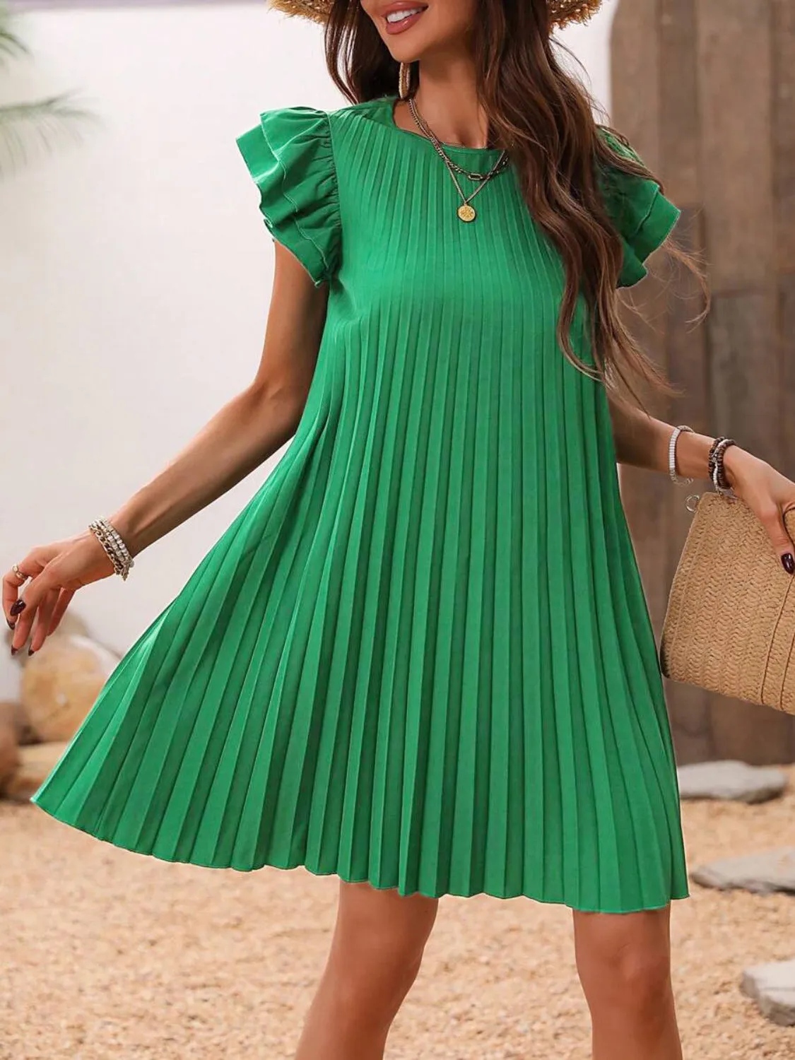 TEEK - Dark Green Pleated Round Neck Cap Sleeve Dress