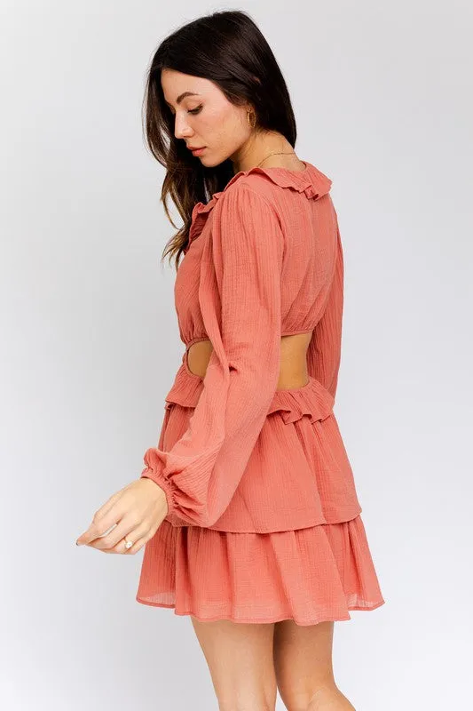 TEEK - Dusty Peach Ruffle Detail V-Shape Boning Dress