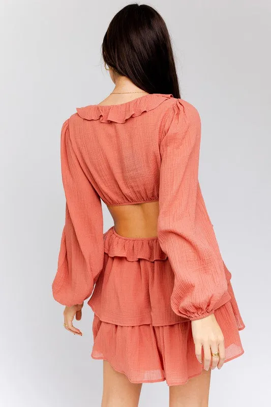 TEEK - Dusty Peach Ruffle Detail V-Shape Boning Dress