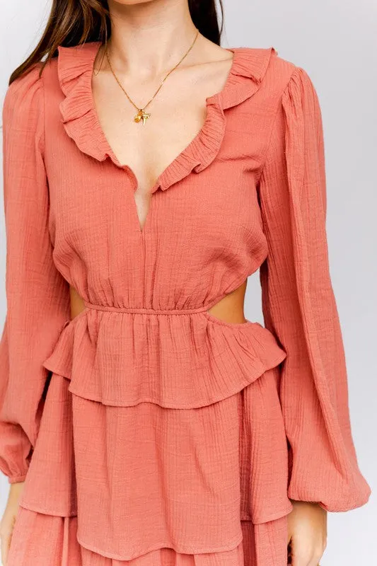 TEEK - Dusty Peach Ruffle Detail V-Shape Boning Dress