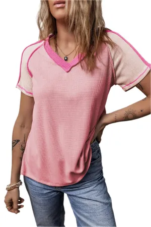 TEEK - Dusty Pink Color Block V-Neck Short Sleeve T-Shirt