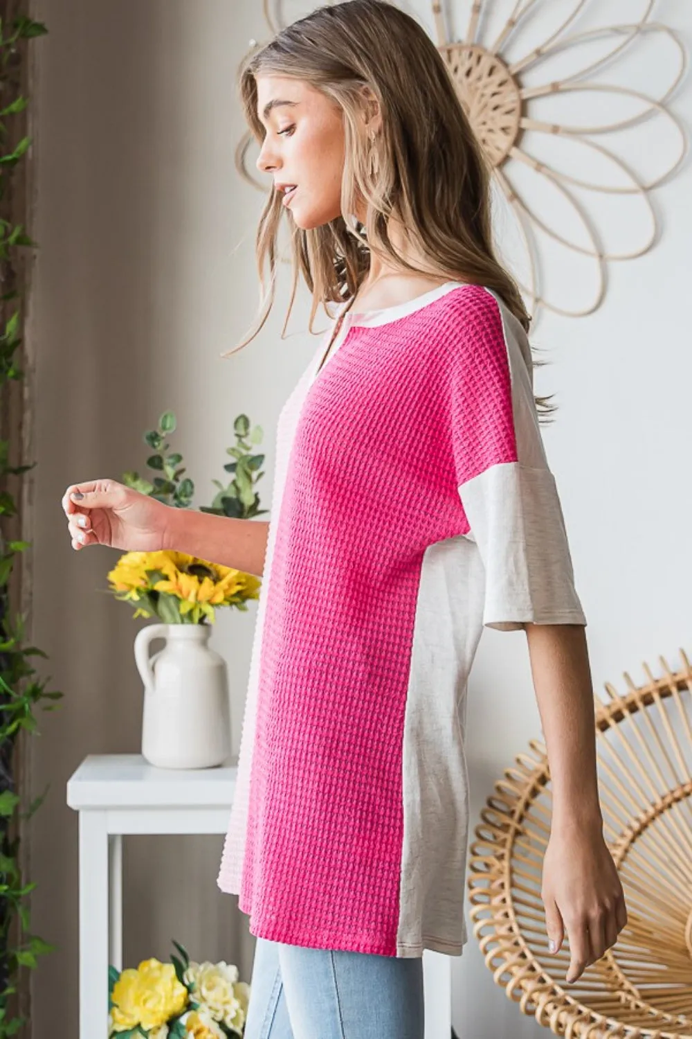 TEEK - Fuchsia Contrast Waffle-Knit Half Sleeve Blouse