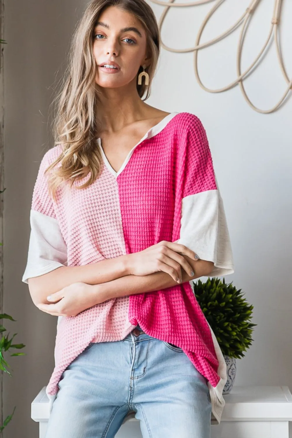 TEEK - Fuchsia Contrast Waffle-Knit Half Sleeve Blouse