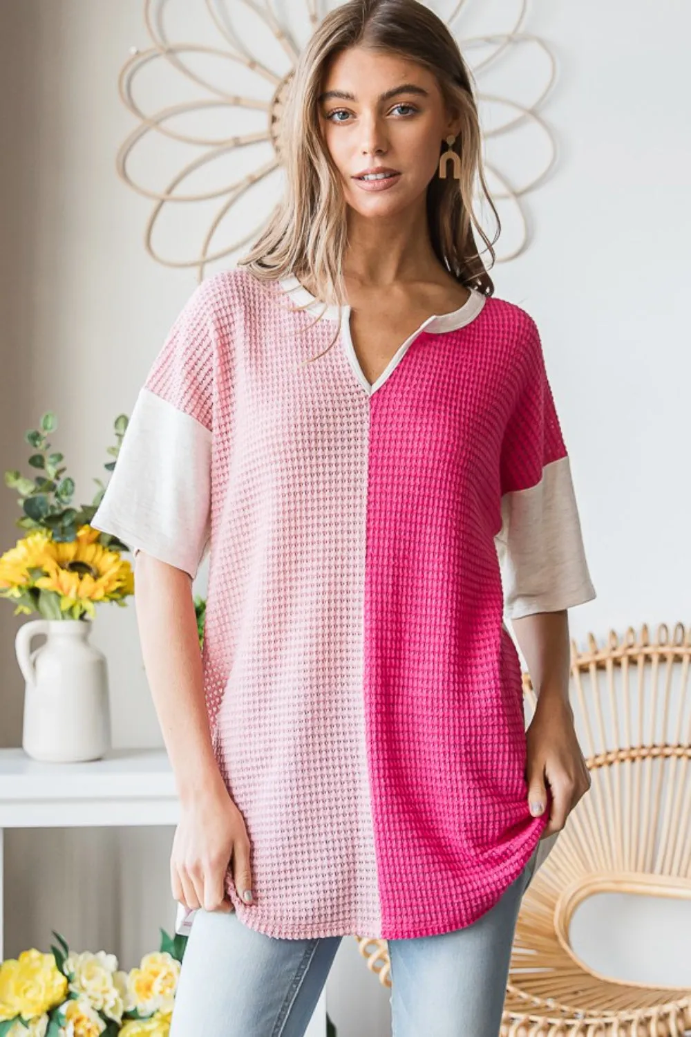 TEEK - Fuchsia Contrast Waffle-Knit Half Sleeve Blouse