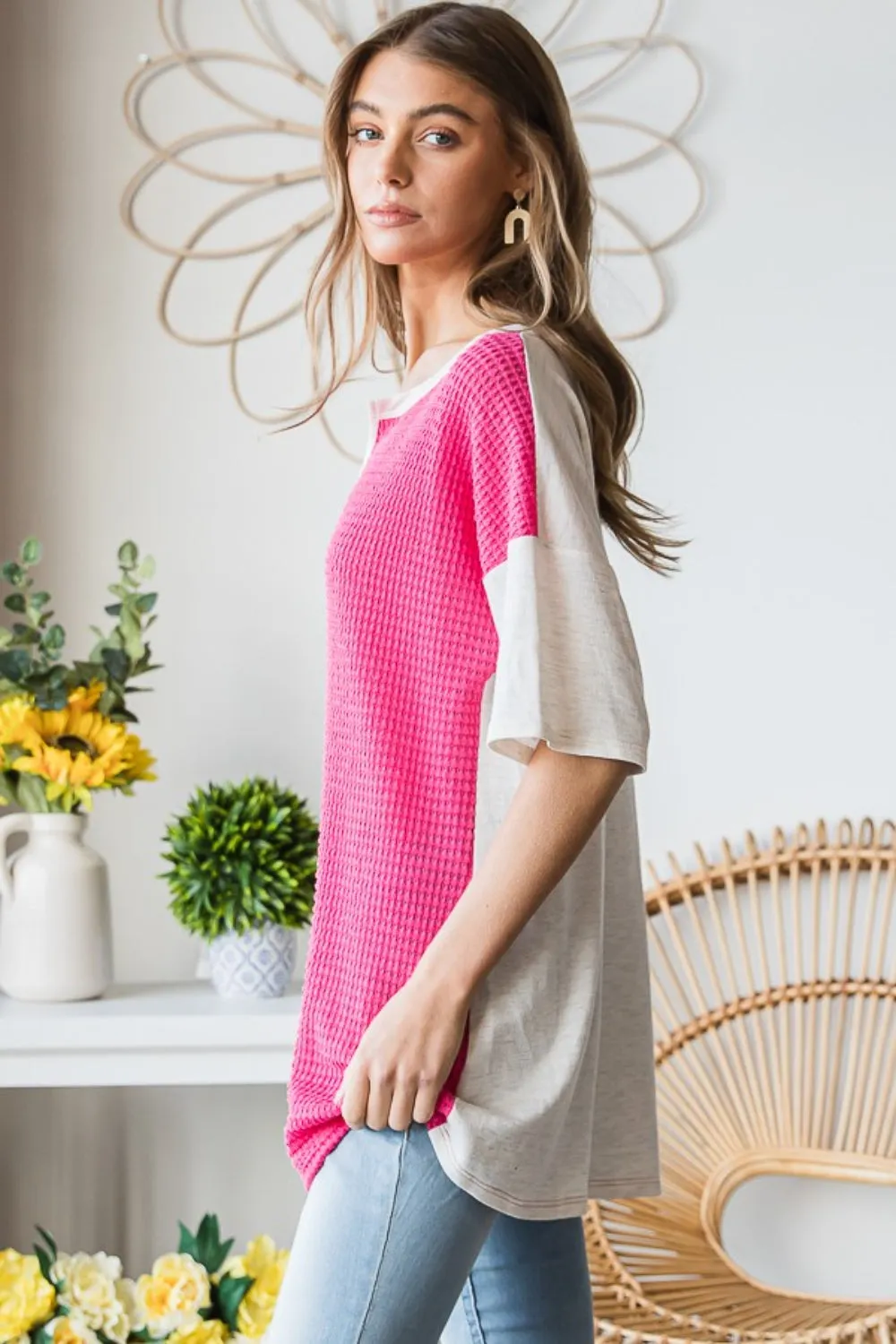 TEEK - Fuchsia Contrast Waffle-Knit Half Sleeve Blouse