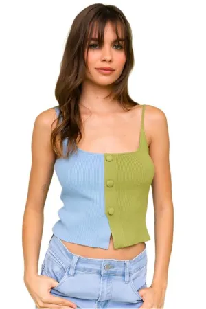 TEEK - Green Blue Color Block Button Front Sweater Top