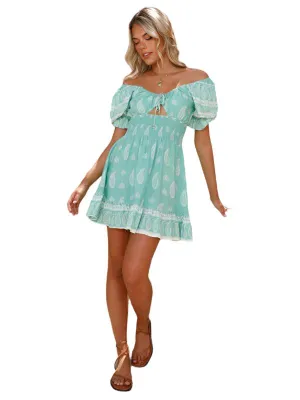 TEEK - Green V-Neck Strappy Off-Shoulder Puff Sleeve Tunic Dress