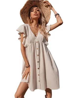 TEEK - Khaki Woven V-Neck Button Swing Flying Sleeve Dress