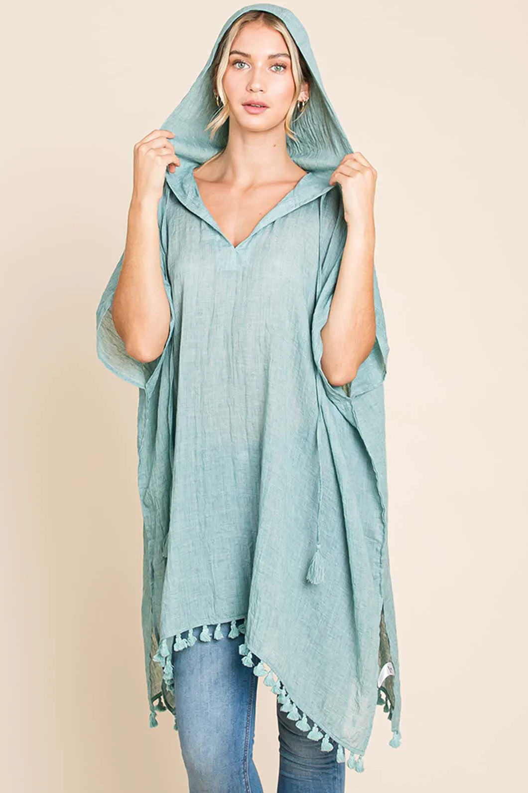 TEEK - MINT Cotton Bleu Tassel Hem Hooded Cover Up