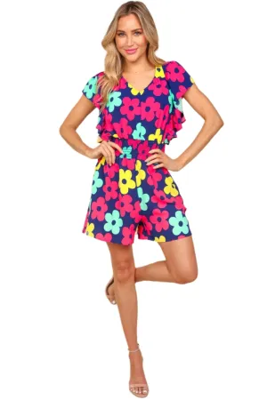 TEEK - Navy Fuchsia Floral Smocked Waist Pocketed Romper