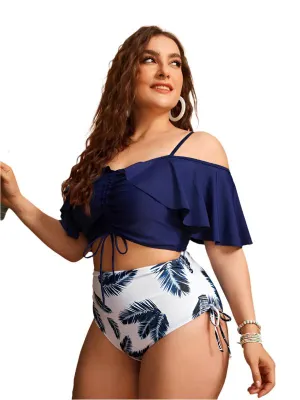 TEEK - Navy Plus Size Women-Drawstring Off-Shoulder Ruffle Bikini