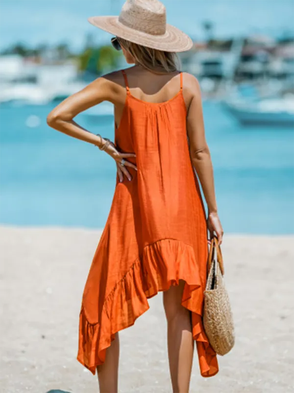 TEEK - Orange Solid Color Sling Tank Dress