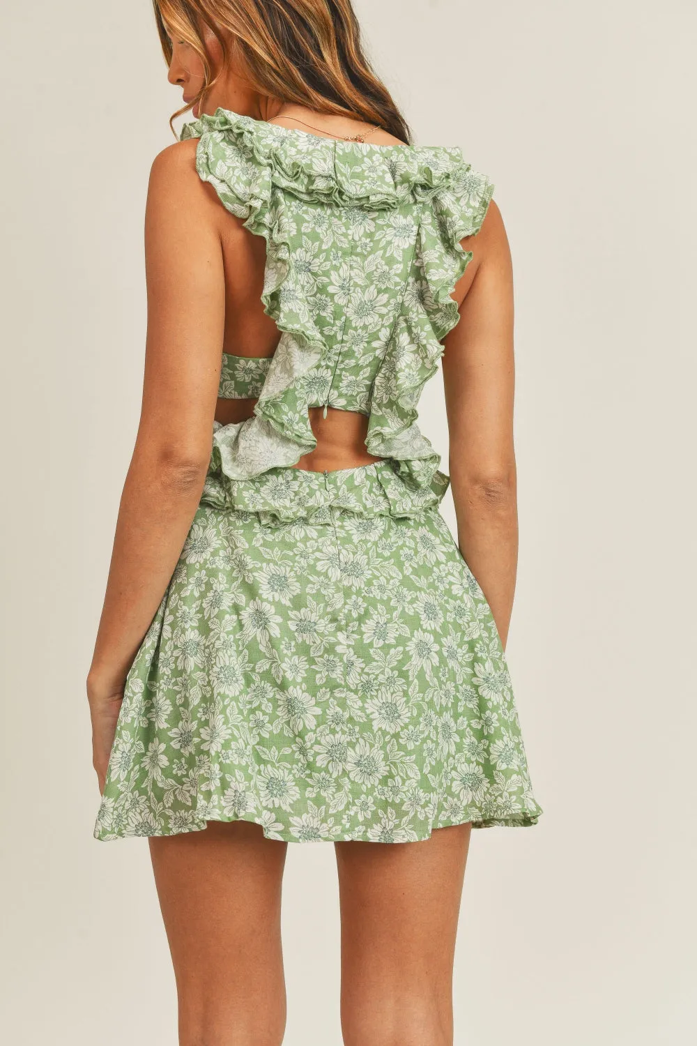 TEEK - Sage Floral Side Cutout Ruffled Mini Dress