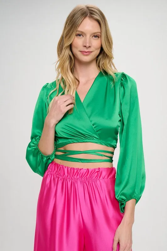 TEEK - Silky Satin Wrap Crop Tied Top