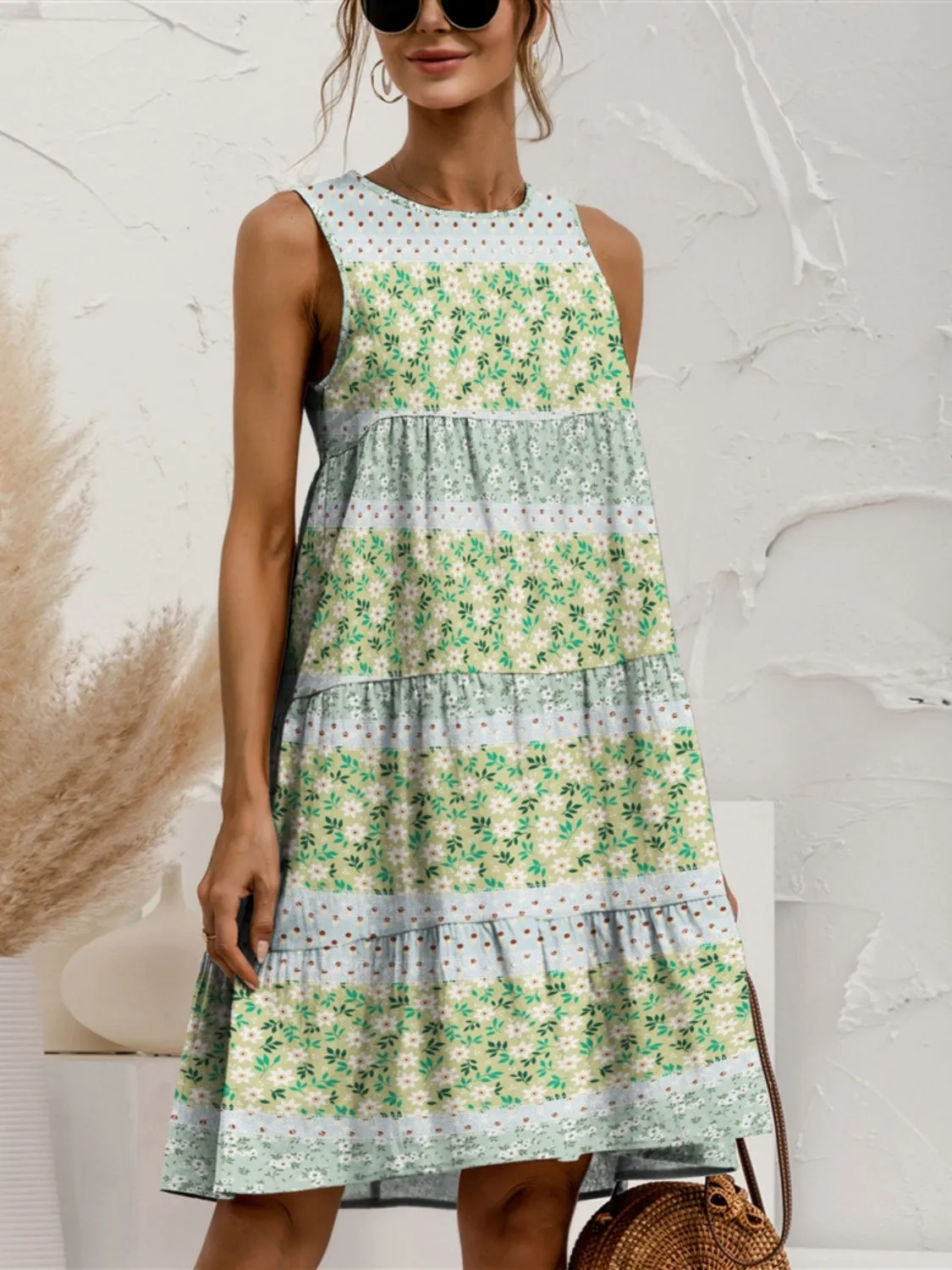 TEEK - Tiered Printed Round Neck Sleeveless Dress