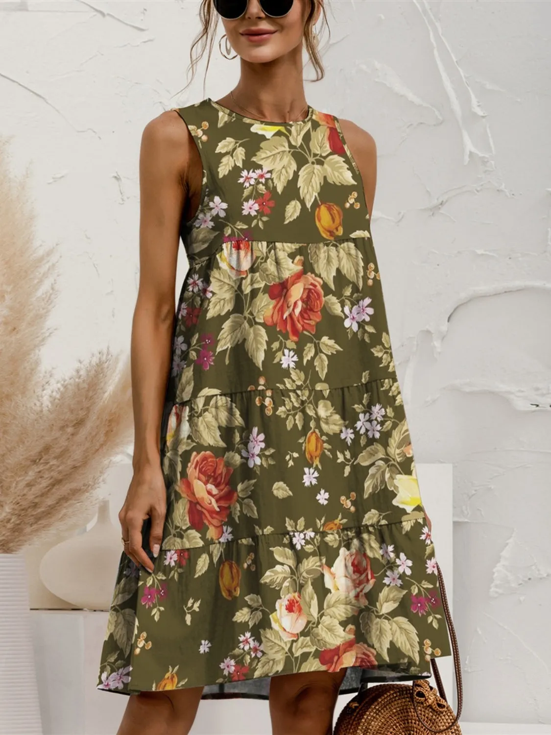 TEEK - Tiered Printed Round Neck Sleeveless Dress