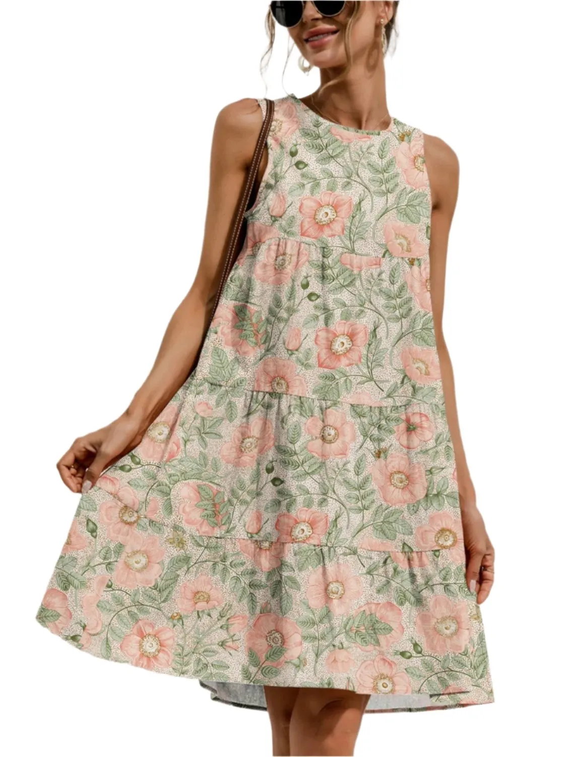 TEEK - Tiered Printed Round Neck Sleeveless Dress