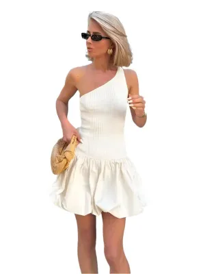 TEEK - White Puffy Princess Skirt One-Shoulder Dress