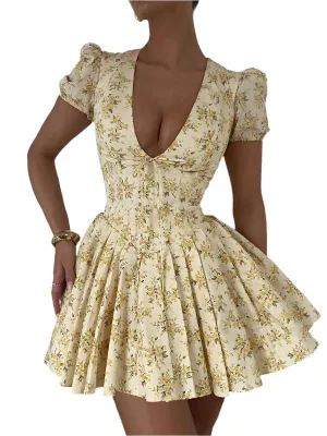 TEEK - Yellow Deep V Slim Waist  Short Sleeve Pleated Floral Dress