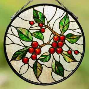 Teesdily | Christmas Holy Berry Window Hanging, Christmas Tree Round Stained Glass Wall Decor, Christmas Suncatcher Christmas Gift