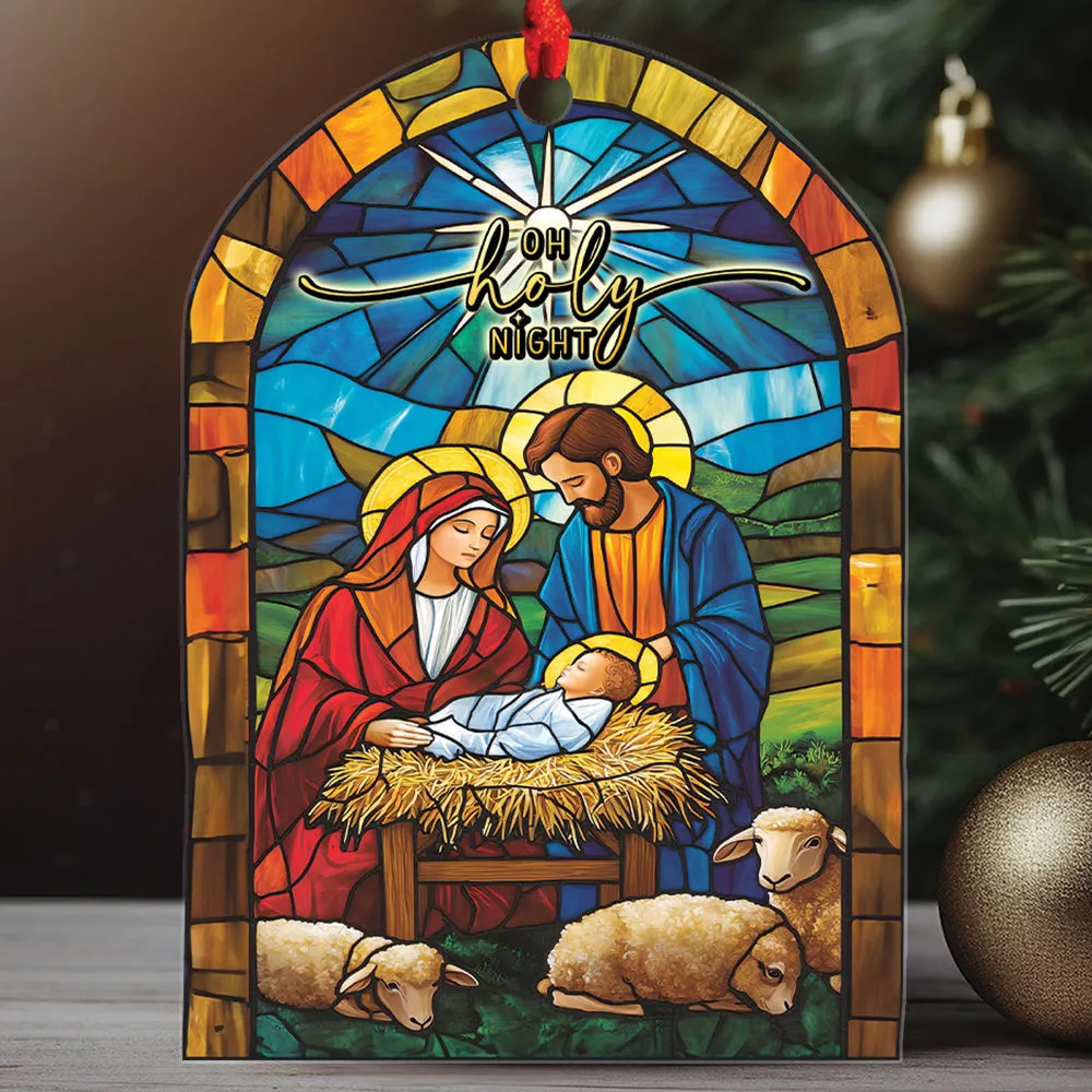 Teesdily | Christmas Jesus Nativity O Holy Night Ornament, Christian Scene Stained Glass Printed 2D Ornament Christmas Gift Family