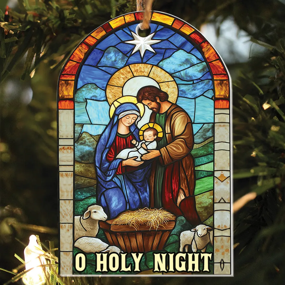 Teesdily | Christmas Jesus Nativity O Holy Night Ornament, Christian Scene Stained Glass Printed 2D Ornament Christmas Gift Family