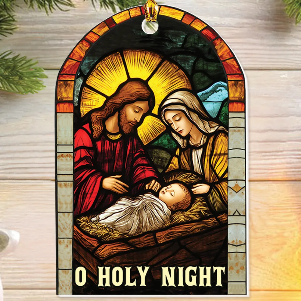 Teesdily | Christmas Jesus Nativity O Holy Night Ornament, Christian Scene Stained Glass Printed 2D Ornament Christmas Gift Family