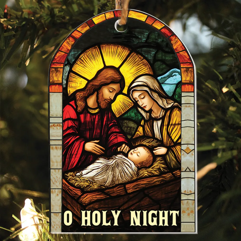 Teesdily | Christmas Jesus Nativity O Holy Night Ornament, Christian Scene Stained Glass Printed 2D Ornament Christmas Gift Family