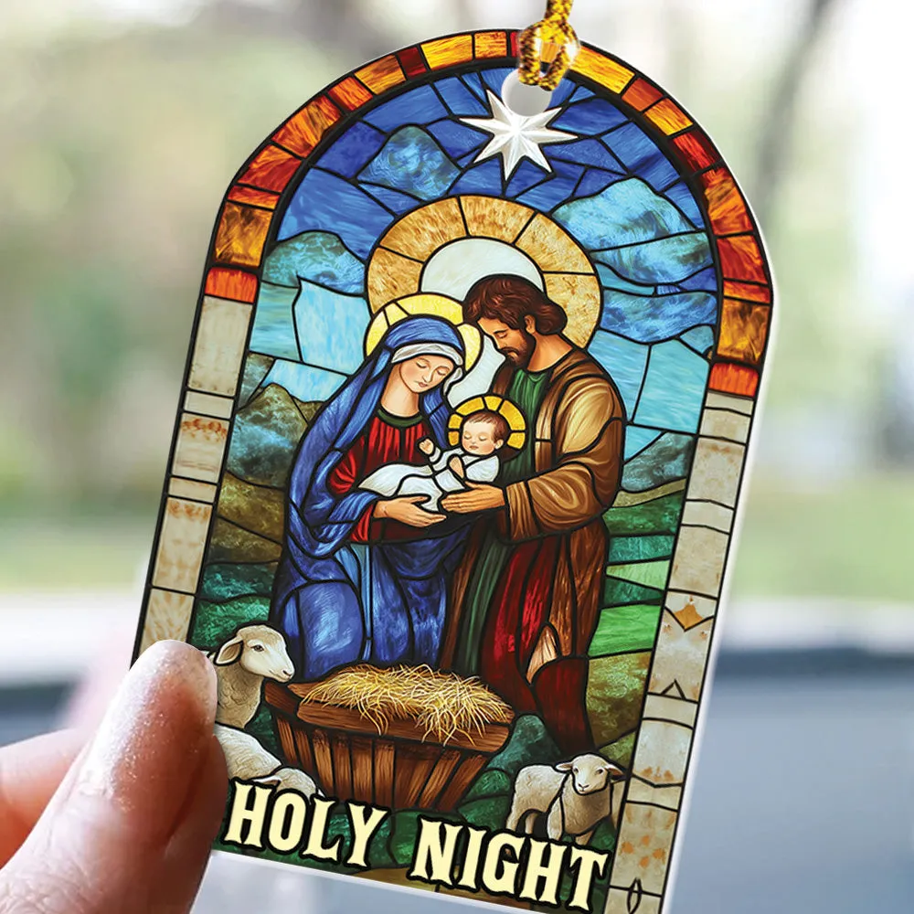 Teesdily | Christmas Jesus Nativity O Holy Night Ornament, Christian Scene Stained Glass Printed 2D Ornament Christmas Gift Family