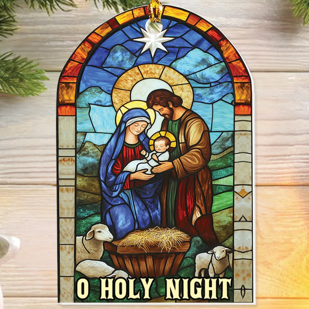 Teesdily | Christmas Jesus Nativity O Holy Night Ornament, Christian Scene Stained Glass Printed 2D Ornament Christmas Gift Family