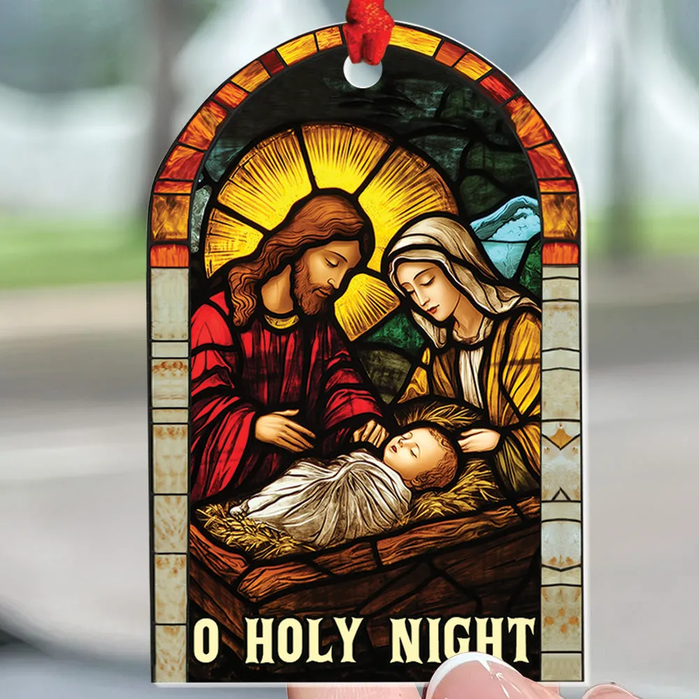 Teesdily | Christmas Jesus Nativity O Holy Night Ornament, Christian Scene Stained Glass Printed 2D Ornament Christmas Gift Family