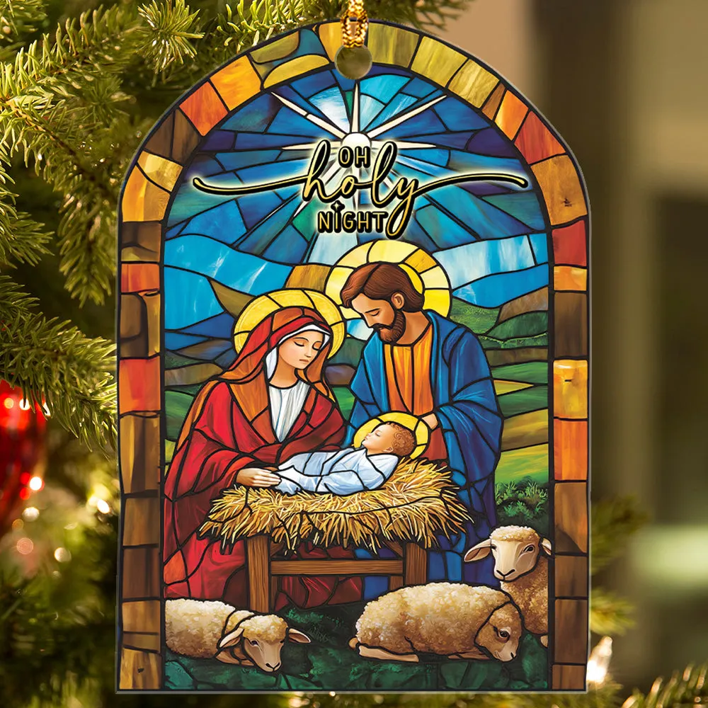 Teesdily | Christmas Jesus Nativity O Holy Night Ornament, Christian Scene Stained Glass Printed 2D Ornament Christmas Gift Family