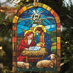 Teesdily | Christmas Jesus Nativity O Holy Night Ornament, Christian Scene Stained Glass Printed 2D Ornament Christmas Gift Family