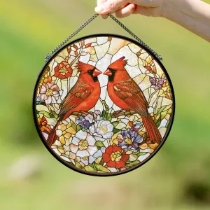 Teesdily | Couple Cardinal Stained Glass Window Hanging, Christmas Cardinal Stained Glass Printed Wall Decor, Christmas Suncatcher