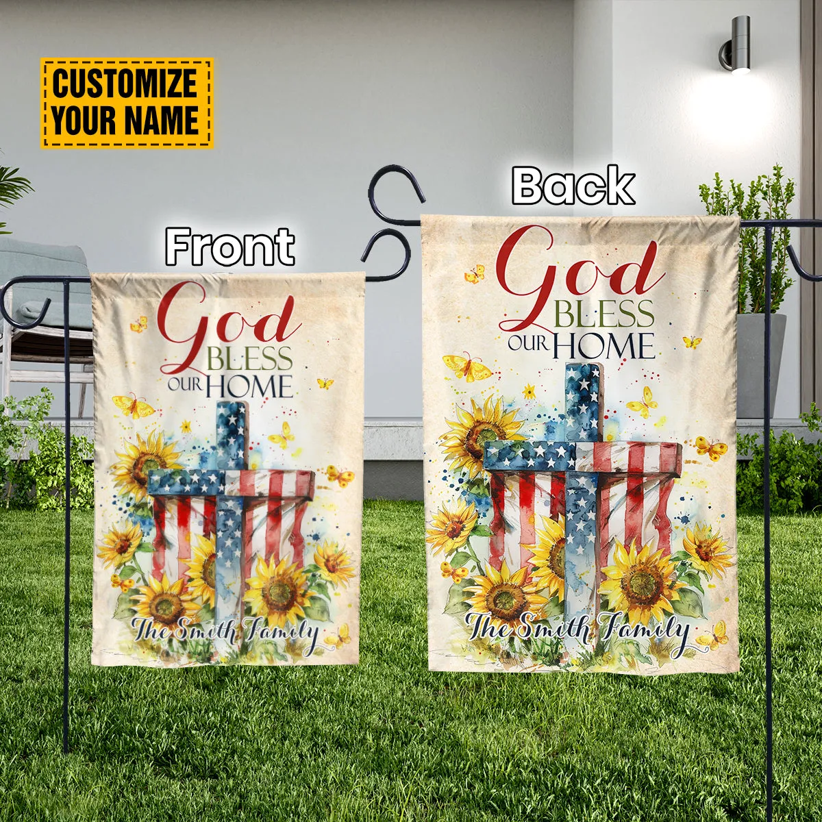 Teesdily | Custom Cross Sunflower Flag Yard, God Bless Our Home Flag, Jesus Lover Gift, Independence Day Gift, Patriotic Garden House Flag