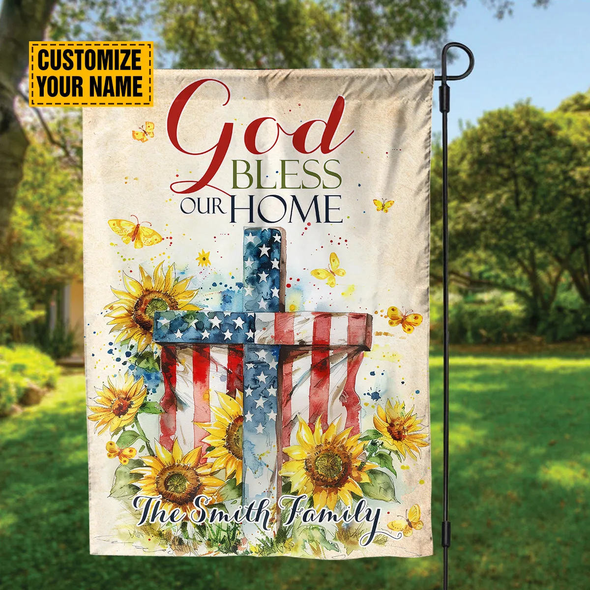 Teesdily | Custom Cross Sunflower Flag Yard, God Bless Our Home Flag, Jesus Lover Gift, Independence Day Gift, Patriotic Garden House Flag