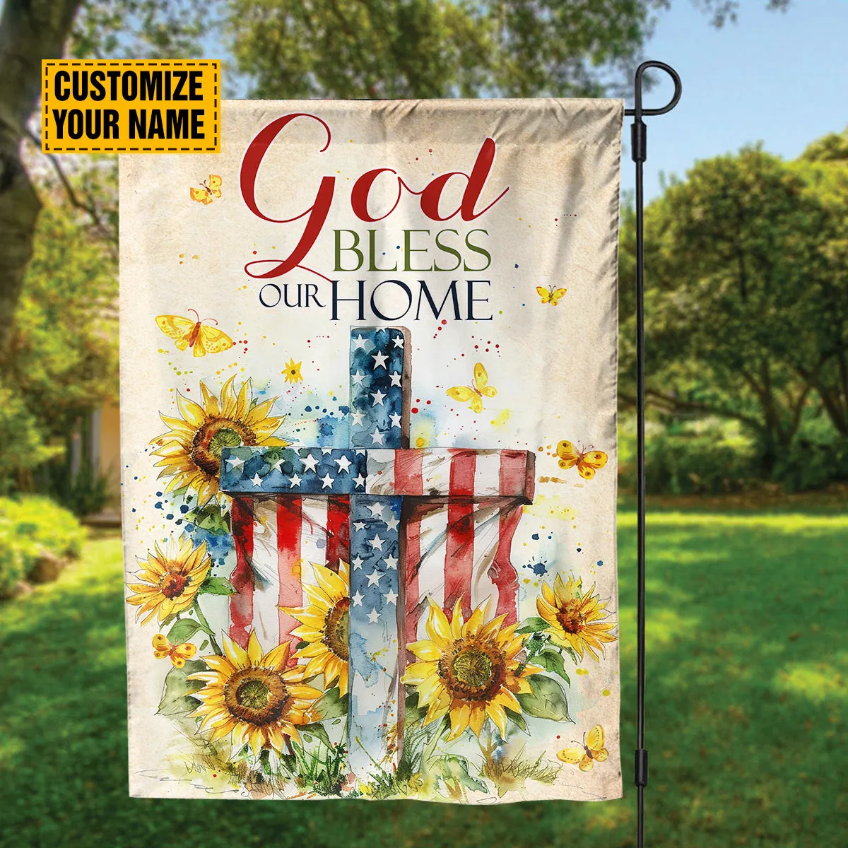 Teesdily | Custom Cross Sunflower Flag Yard, God Bless Our Home Flag, Jesus Lover Gift, Independence Day Gift, Patriotic Garden House Flag