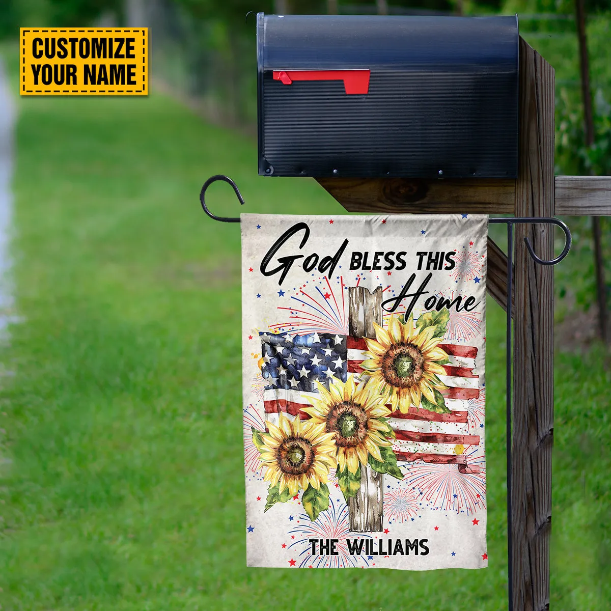 Teesdily | Customize Jesus Cross Sunflower American Flag Garden, God Bless This Home Flag, Happy Independence Day Banner House Decor, Religious Gift