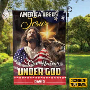 Teesdily | Customized Jesus Lion Of Judah American Flag Home, American Needs Jesus One Nation Under God House Garden Flag, Independence Day Gifts