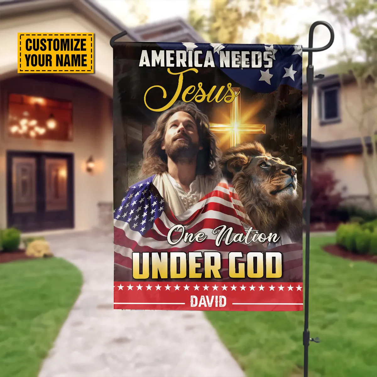 Teesdily | Customized Jesus Lion Of Judah American Flag Home, American Needs Jesus One Nation Under God House Garden Flag, Independence Day Gifts