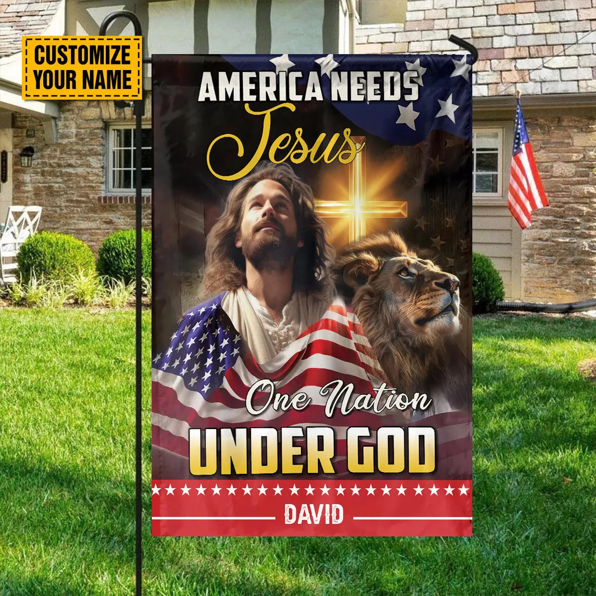 Teesdily | Customized Jesus Lion Of Judah American Flag Home, American Needs Jesus One Nation Under God House Garden Flag, Independence Day Gifts